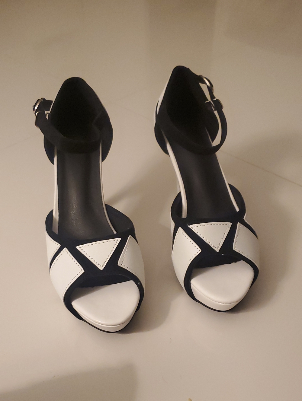 Women’s Two-Tone White and Black Open-Toe Ankle-Strap Heels